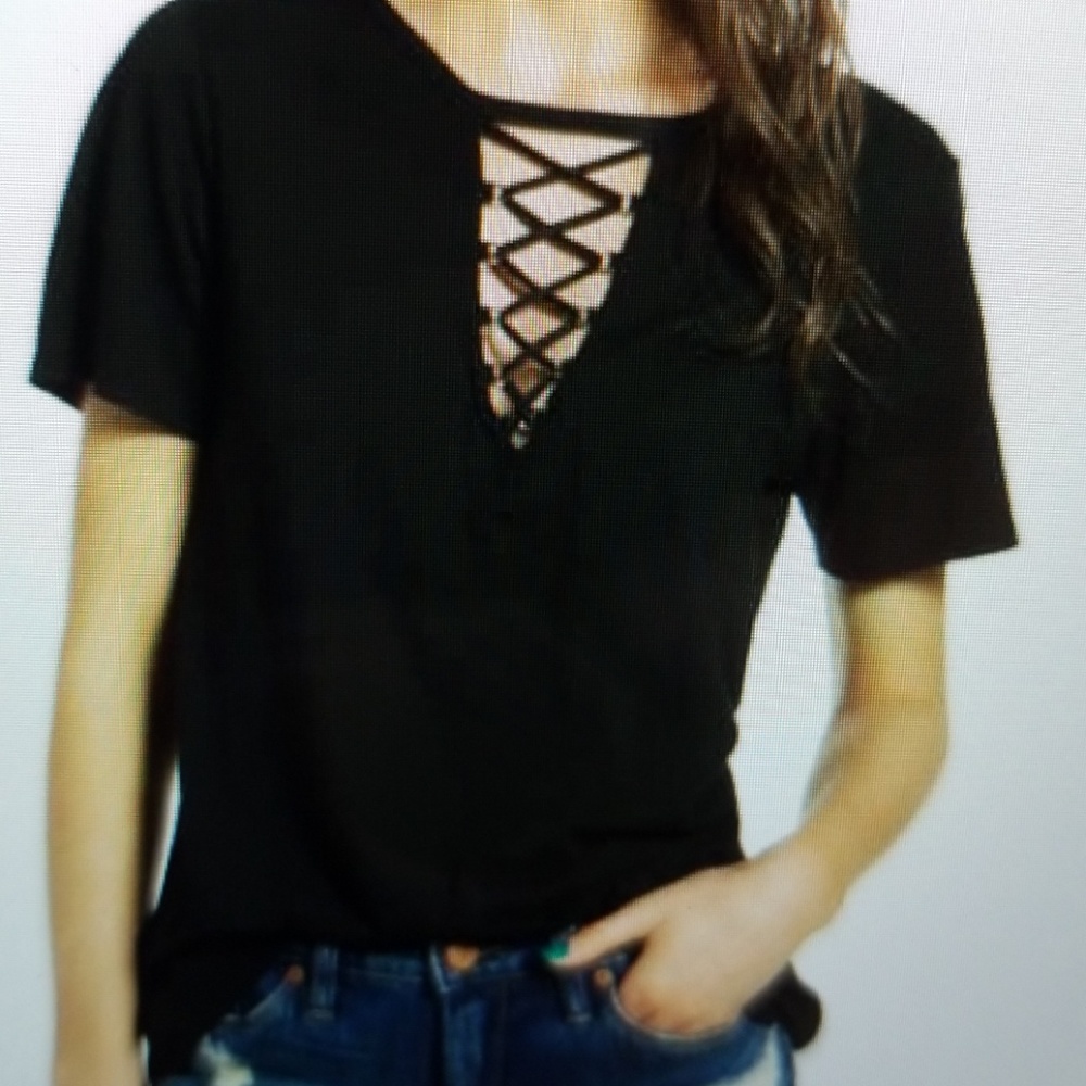Lace- Up Tee, Black, Size Small